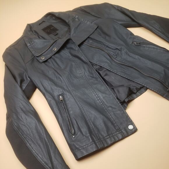 RD Style Womens Moto Biker Jacket Crop Faux Leather Zip Small Stretchy Collard - Picture 4 of 11